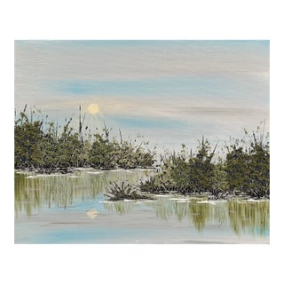 Contentment Acrylic Painting 8x10 Original Wall Art Trees & Lake Scene Unframed For Sale