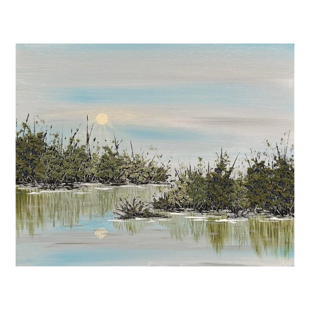 Contentment Acrylic Painting 8x10 Original Wall Art Trees & Lake Scene Unframed For Sale