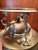 Antique brass coffee maker, or samovar cafetière, with turned wooden handle and spirit base with hinge cover. No lid. No...