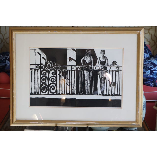 1965 Jordi Curós Original Black-and-White Balcony Scene, Signed & Framed For Sale - Image 9 of 18