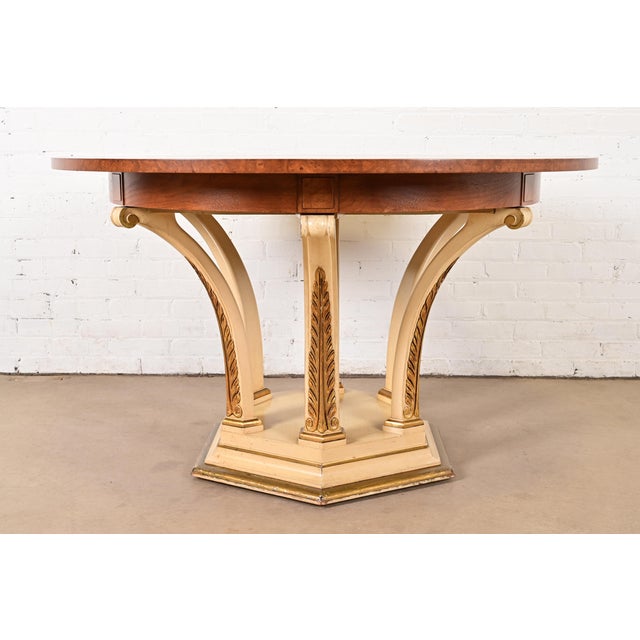 Wood Mastercraft Italian Neoclassical Walnut and Burl Wood Parcel Gilt Pedestal Extension Dining Table For Sale - Image 7 of 15