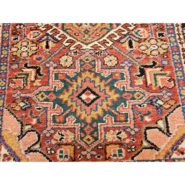 Vintage Heriz Karajah Rug, Hand-Knotted Wool, Geometric Pattern, Rust-Red & Navy, 4x5 For Sale - Image 17 of 18