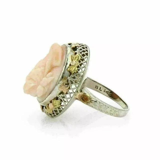 Coral Woman Cameo 14k Tri Gold Filigree Ring For Sale - Image 4 of 6