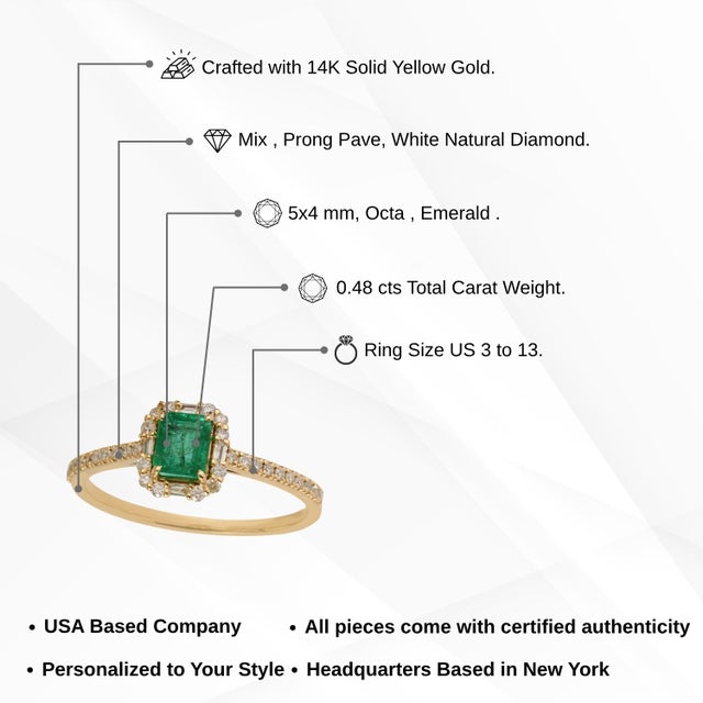 14k Yellow Gold Emerald Diamond Modern Proposal Ring in 14k Yellow Gold Size 5 For Sale - Image 13 of 18