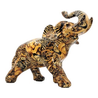 Vintage Ceramic Elephant Table Sculpture Covered in Fabric With Leopards Lions Zebras and Giraffes Patchwork Design With High Gloss Lacquer For Sale