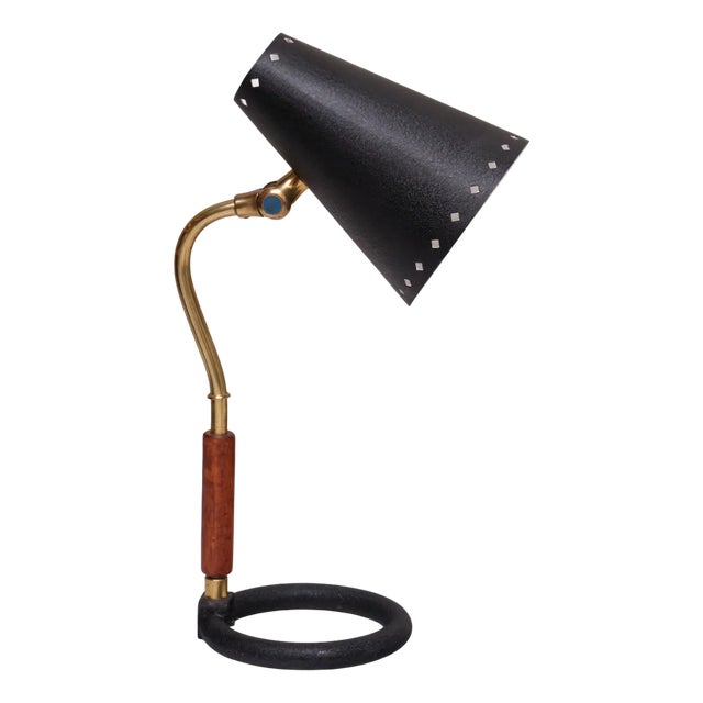 Boréns Borås Table Lamp in Brass, Wood and Lacquered Metal, Sweden, 1950s For Sale
