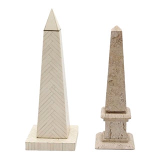Two Decorative Obelisks in Bone Herringbone Inlay and Travertine, Circa 1970 For Sale