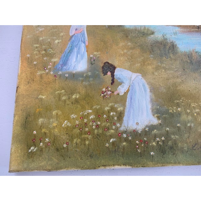 Women in the Meadow Collecting Flowers, 1800s, Oil on Canvas For Sale - Image 11 of 18