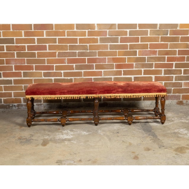 Italian 1820s Walnut Bench with Red Fabric, Turned Legs and Stretchers For Sale - Image 4 of 11