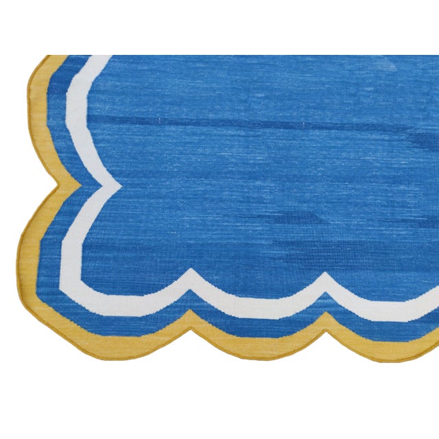 Handmade Cotton Area Rug Natural Vegetable Dyed Blue Scalloped Rug Yellow Border - 9'x12' For Sale - Image 10 of 11