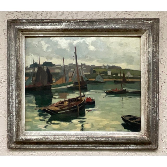 Green French Impressionist Harbor Scene Oil Painting Lucien Lefebvre-Foinet Paris For Sale - Image 8 of 17