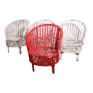 Set of 4 Chairs Willow Stick Wicker Chairs in Peely Paint Finish Ca.1930's