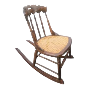 Vintage Medium Size Tiger Walnut and Cane Seat Rocking Chair
