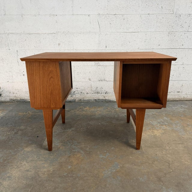 Mid 20th Century Compact Vintage Danish Modern Teak Writing Desk With Side and Rear Bookshelves For Sale - Image 5 of 10