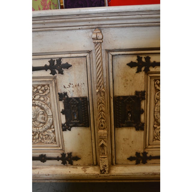 Karpen & Bros. 1940s Vintage Karpen Furniture Gothic Cream Wood Lockable Cabinet W/ Black Iron Strap Hinges & Carved Faces For Sale - Image 4 of 12