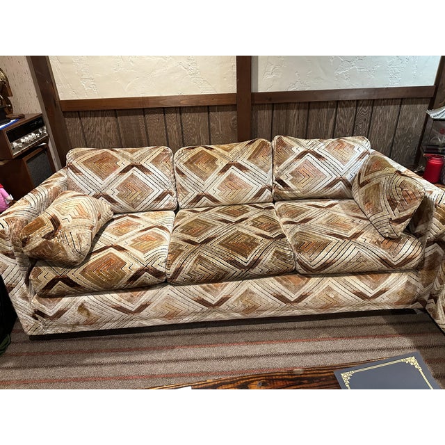 Mid-Century Modern Vintage Pair of Tuxedo Sofas in Chevron Pattern Attributed to Milo Baughman For Sale - Image 3 of 10