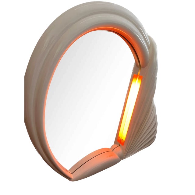 Ettore Sottsass 1980s Italian Postmodern Illuminated White Swan Fan Mirror — Memphis Style Lacquer With Pink Light For Sale - Image 4 of 11