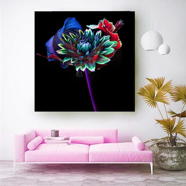 Colorful botanical photograph with betta fish swimming around it.Printed on archival fine art paper.