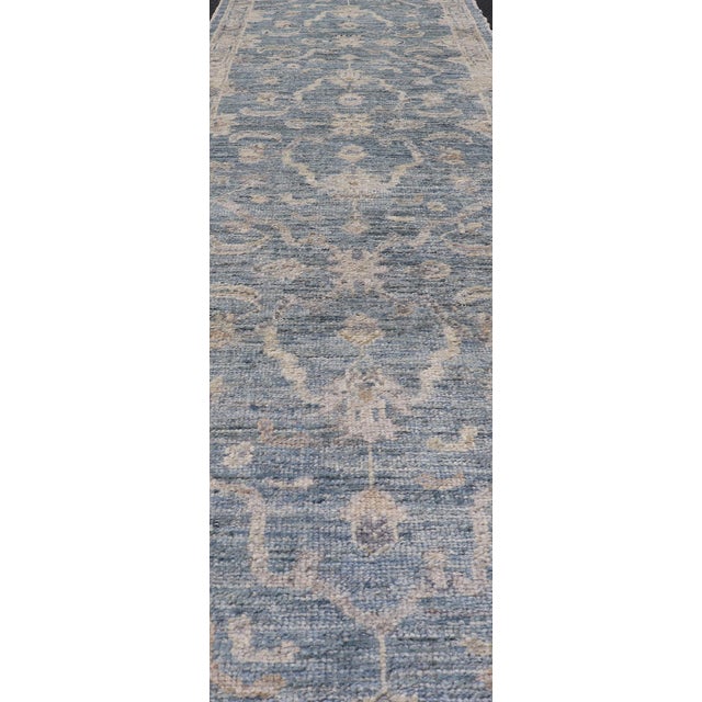 2020s Angora Turkish Oushak Runner With Floral Design and Medium Blue and Gray Border 2'6 X 10'6 For Sale - Image 5 of 12