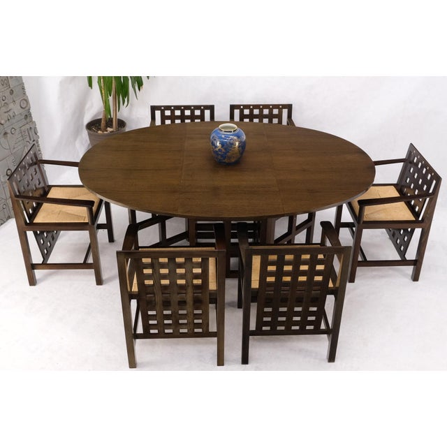 Late 20th Century Brown Oak Cassina Macintosh Drop Leaf Dining Table 6 Rush Seat Chairs Set Mint For Sale - Image 18 of 18