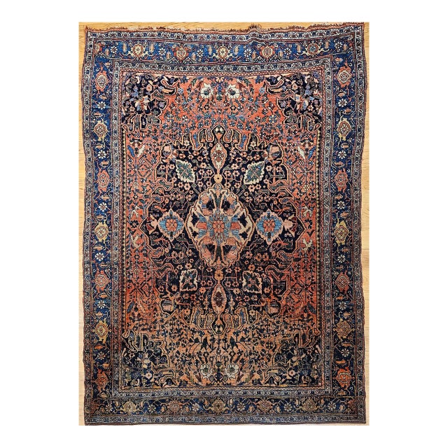 Early 20th Century Persian Bidjar Rug, Hand-Knotted Wool, Medallion Geometric Pattern, Red & Blue, 5x7 For Sale