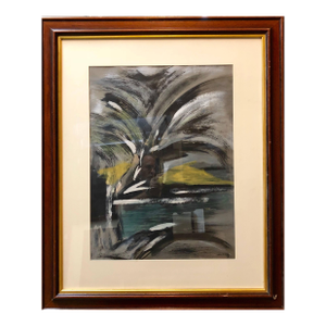 Mane KatzAbstract Landscape with Palm Tree Judaica Gouache Painting