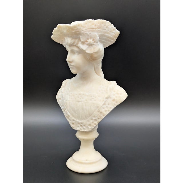 Late 19th Century Antique Art Nouveau Carved Italian Alabaster Bust: Woman in Hat (After Cipriani) For Sale - Image 5 of 10