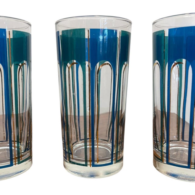 Blue Vintage Mid-Century Modern Blue Geometric Highball Glasses - Set of 5 For Sale - Image 8 of 10