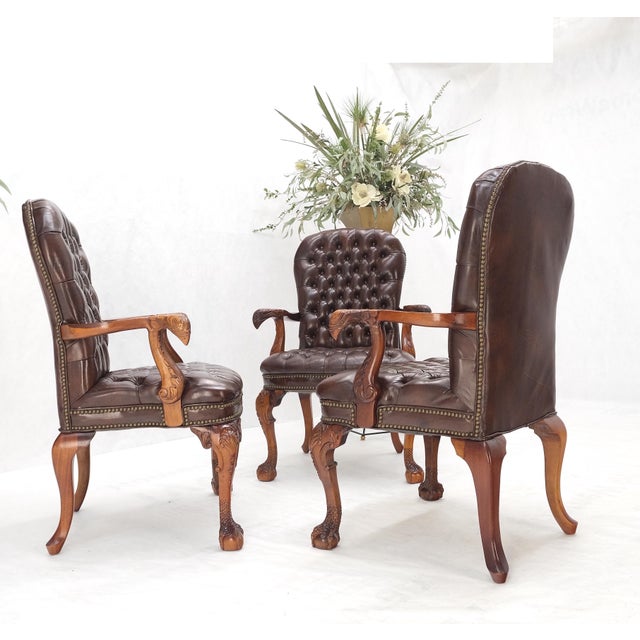 Brown Leather Chesterfield Tufted Backs & Seat Fine Carved Bird Head Walnut Armchairs Fireside Chairs MINT!