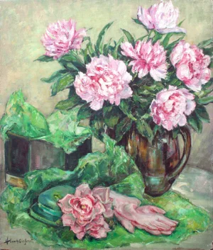 Mid 20th Century Spring Garden with Peonies and Garden Gloves Oil Painting by Helen Enoch Gleiforst