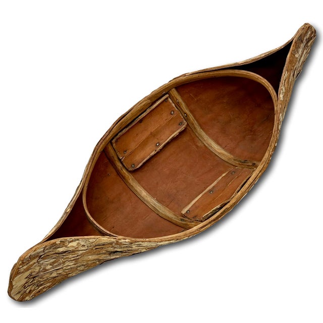 Wood Excellent Large Size Antique Hand Made Maine Indian Tree Bark Canoe Model - 22 Inches Long For Sale - Image 7 of 18