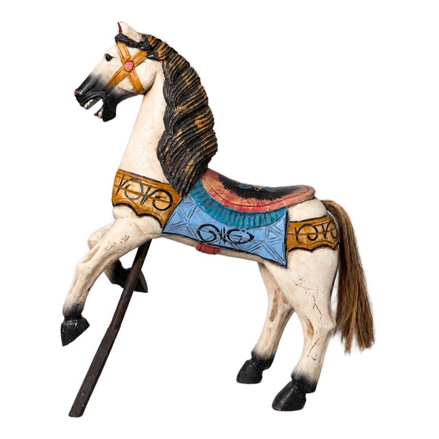 Vintage Hand-Painted Wooden Carousel Horse on Metal Stand For Sale