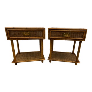 Vintage 1970s Coastal Faux Bamboo Wicker Glass Top End or Side Tables a Pair For Sale