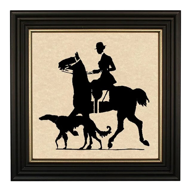 Woman Rider With Dog Framed Paper Cut Silhouette in Black Wood Frame With Gold Trim For Sale