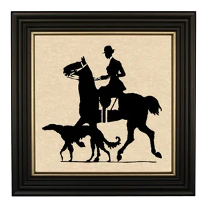 Woman Rider With Dog Framed Paper Cut Silhouette in Black Wood Frame With Gold Trim