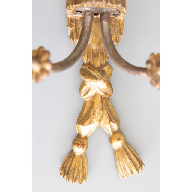 Vintage Italian Carved Giltwood Bows & Tassels Candle Sconces - A Pair For Sale - Image 4 of 12