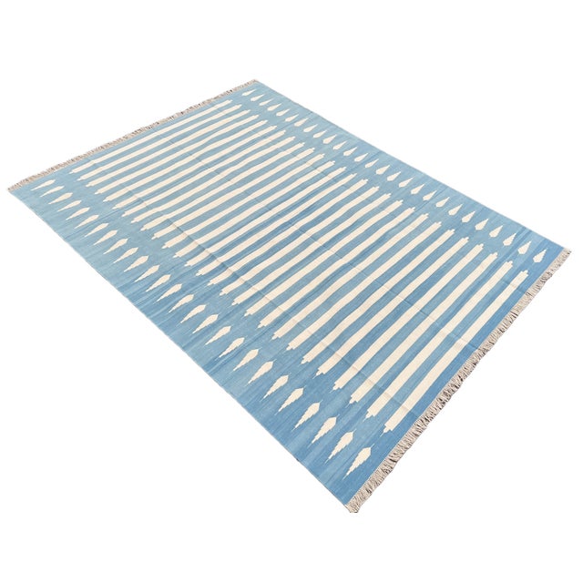 Textile Handmade Cotton Flat Weave Area Rug, Sky Blue and White Striped Dhurrie - 10'x14' For Sale - Image 7 of 14