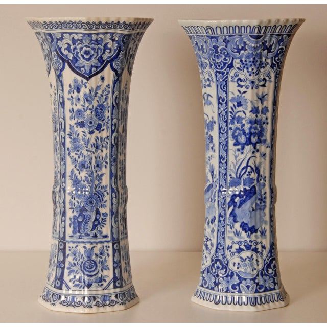 Ceramic Antique Pair of Delft Blue & White Trumpet Vases For Sale - Image 7 of 12