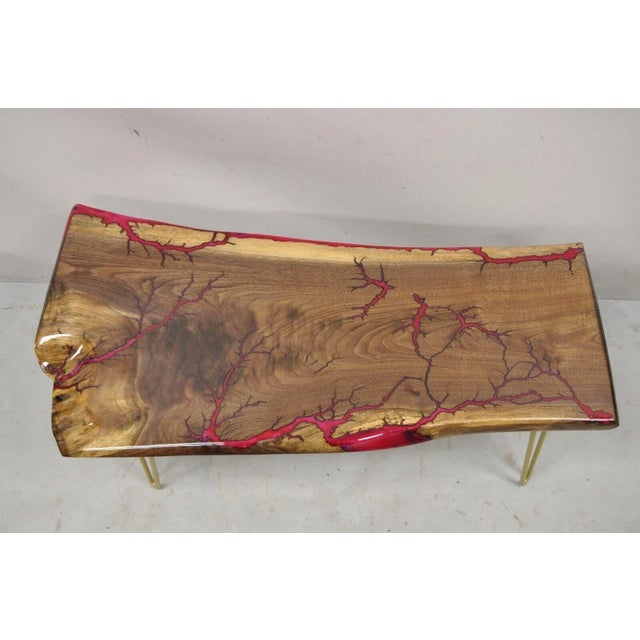 Live Edge Black Walnut Surfboard Coffee Table Red Resin Lacquer Hairpin Legs For Sale - Image 4 of 11