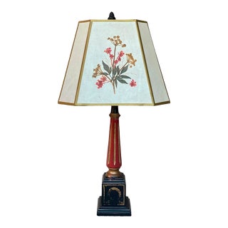 1940s Paint Decorated Italian Column Lamp With Pressed Botanical Shade For Sale