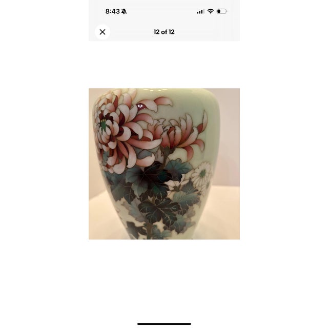 Ando Jubei Signed Japanese Cloisonné Celadon Green Vase Chrysanthemums Antique For Sale - Image 9 of 10