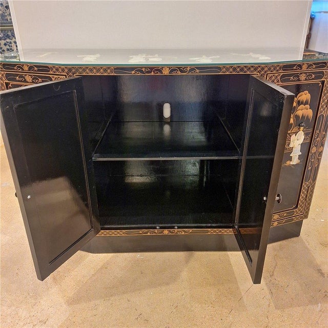Vintage Chinoiserie Black Lacquer Mother-of-Pearl Four-Door Sideboard For Sale - Image 11 of 12