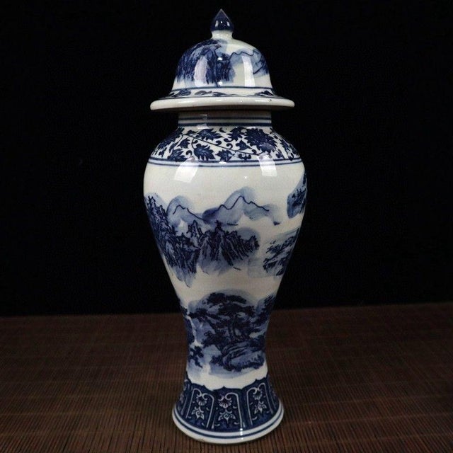 1990s Chinoiserie Blue and White Landscape Porcelain Lidded Ginger Jar For Sale - Image 5 of 9