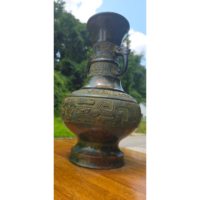 Hollywood Regency Vintage Chinese-Style Archaistic Bronze Hu Vase With Elephant Head Handles, Patinated Finish For Sale - Image 3 of 18