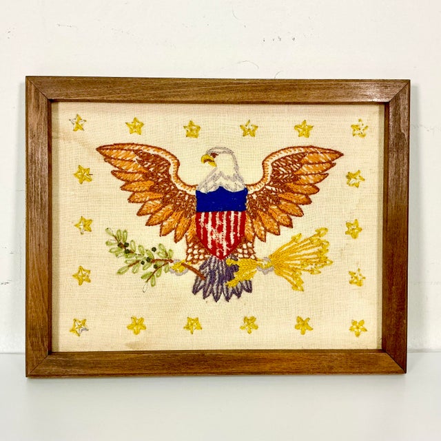 1930s 1930s Vintage Boho Chic Americana Patriotic Eagle Needlepoint Yarn Sampler, Framed For Sale - Image 5 of 11