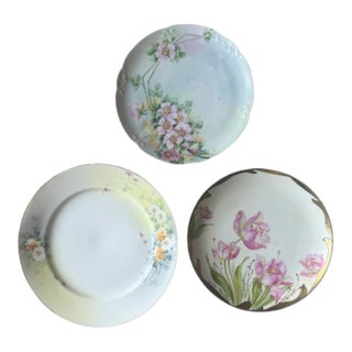 Set of Three Antique Porcelain Hand-Painted Plates Pastel Spring Florals For Sale