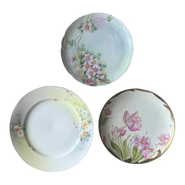 Set of Three Antique Porcelain Hand-Painted Plates Pastel Spring Florals For Sale