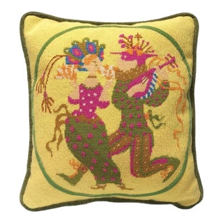Vintage Handmade Needlepoint Pillow in Yellow with Victorian Green Jesters For Sale