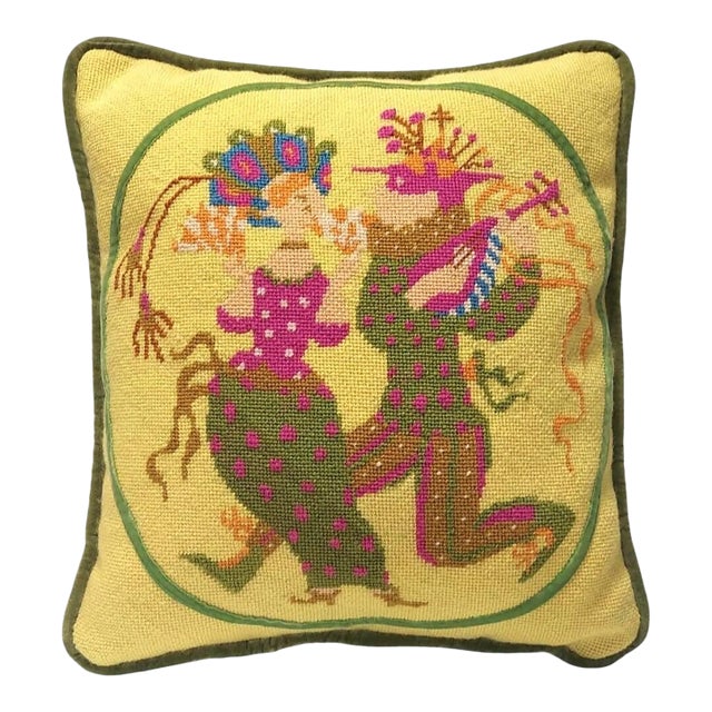 Vintage Handmade Needlepoint Pillow in Yellow with Victorian Green Jesters For Sale