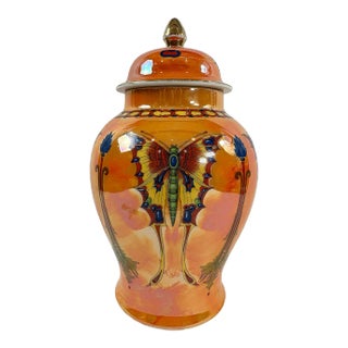 1910's English Art Nouveau Lustre Ware Crown Ducal Tangerine Butterfly Ginger Jar For Sale